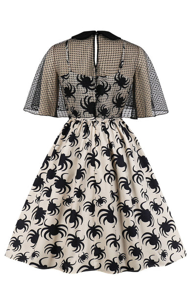 Hvit Edderkopptrykk Vintage Halloween-Kjole