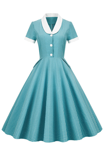 Vintage Rutete Kjole Med Sjalkrage