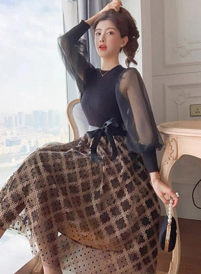 Vintage 40-Talls Svart Rutete Kjole