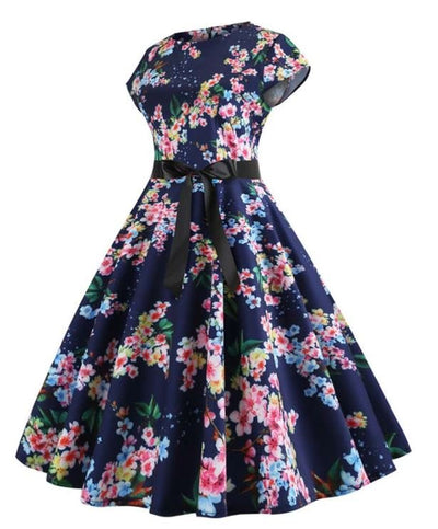 Vintage Blue Little Leaves Flared Dress