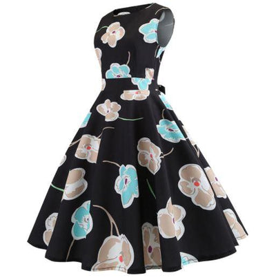 Vintage Svarte Blomster Blusset Kjole