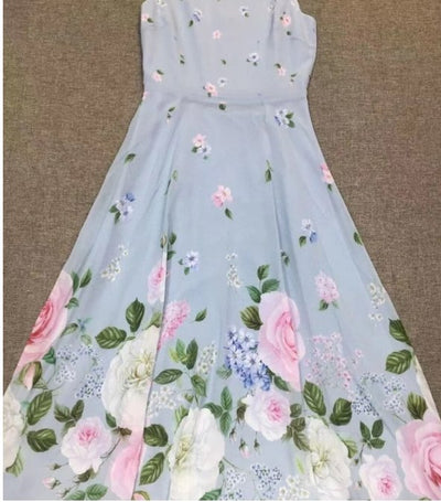 Vintage Blå Blomster Lang Kjole