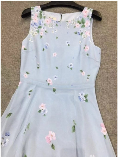 Vintage Blå Blomster Lang Kjole