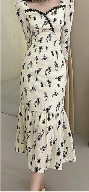 Vintage Khaki Floral Lang Kjole