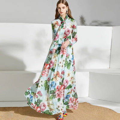 Grønn Vintage Blomster Lang Kjole