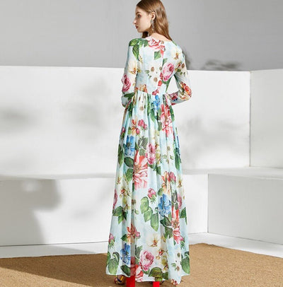 Grønn Vintage Blomster Lang Kjole