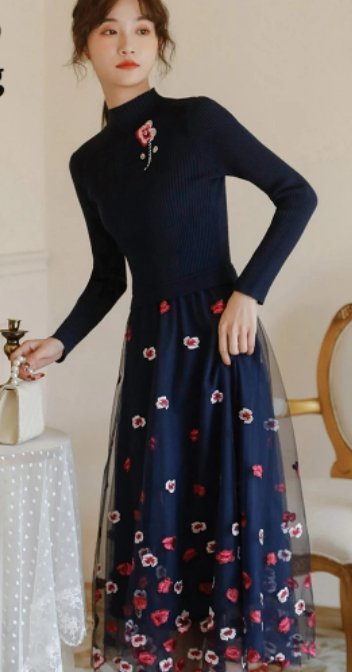 Vintage Marine Brudekjole Med Blonder