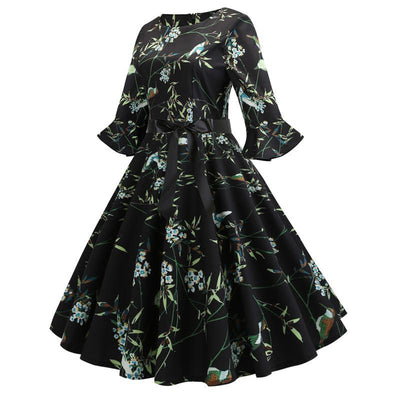 Vintage Svart Vinterblomster Kjole