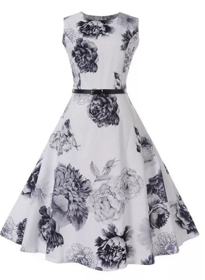 Vintage Romantisk Kjole Marine Hvit