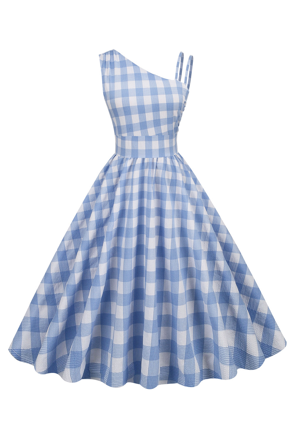 Vintage Asymmetrisk Kjole Med Blå Rutete