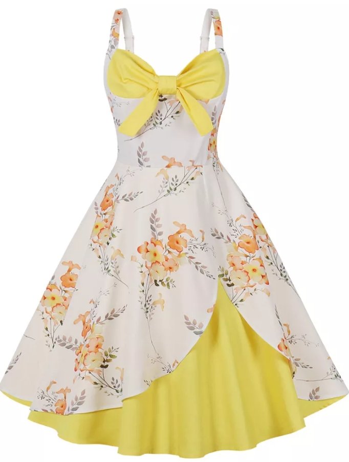 Petite Vintage Gul Og Hvit Blomsterkjole