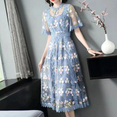 Blå Kjole Vintage Blomster