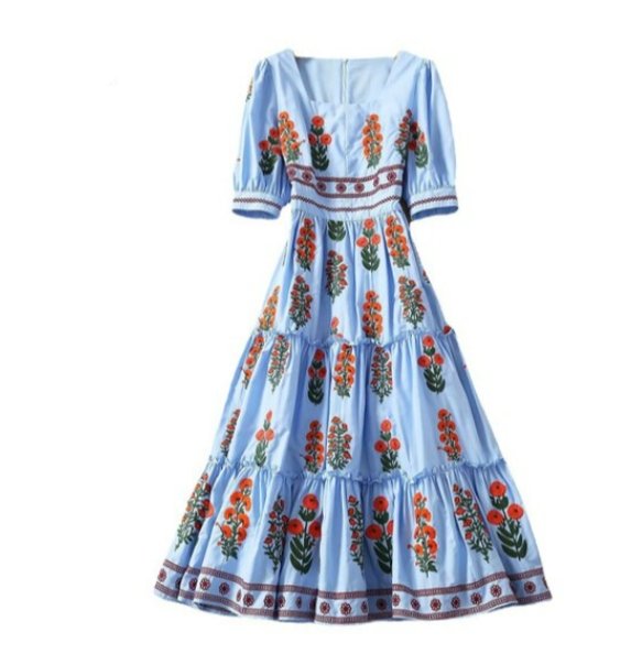 Kort Vintage Blomsterkjole Blå