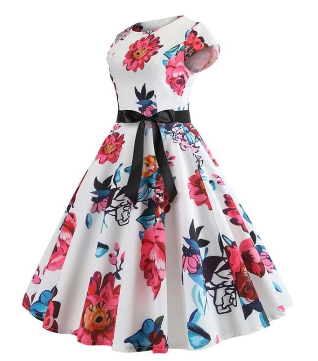 Hvit Og Rosa Vintage Blusset Kjole