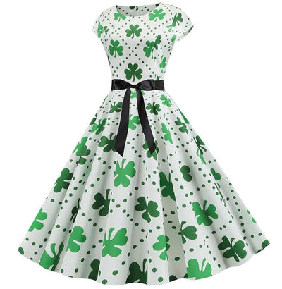 Vintage Hvit Polka Dot Blomsterutsving Kjole