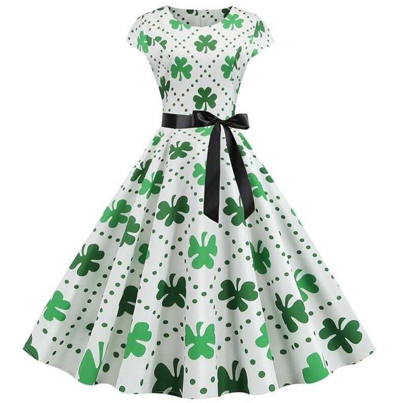 Vintage Hvit Polka Dot Blomsterutsving Kjole