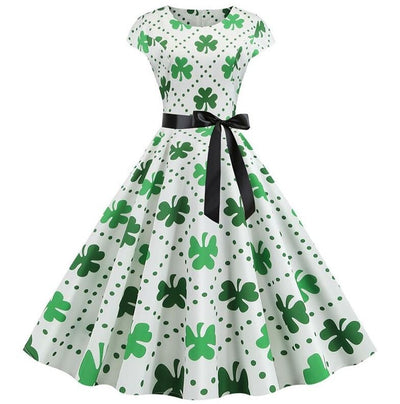 Vintage Hvit Polka Dot Blomsterutsving Kjole