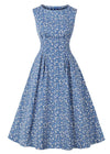 Vintage Blå Blusset Kjole Med Hvite Blomster