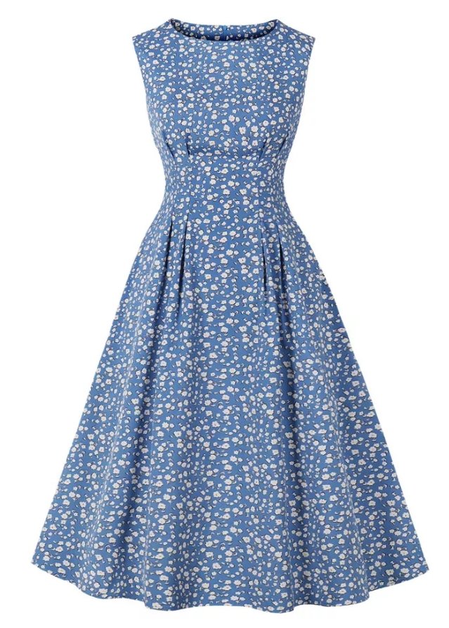 Vintage Blå Blusset Kjole Med Hvite Blomster
