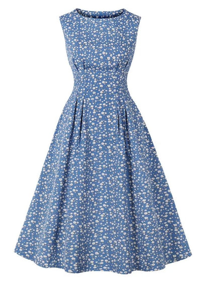 Vintage Blå Blusset Kjole Med Hvite Blomster
