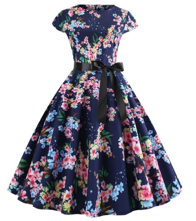 Vintage Blue Little Leaves Flared Dress