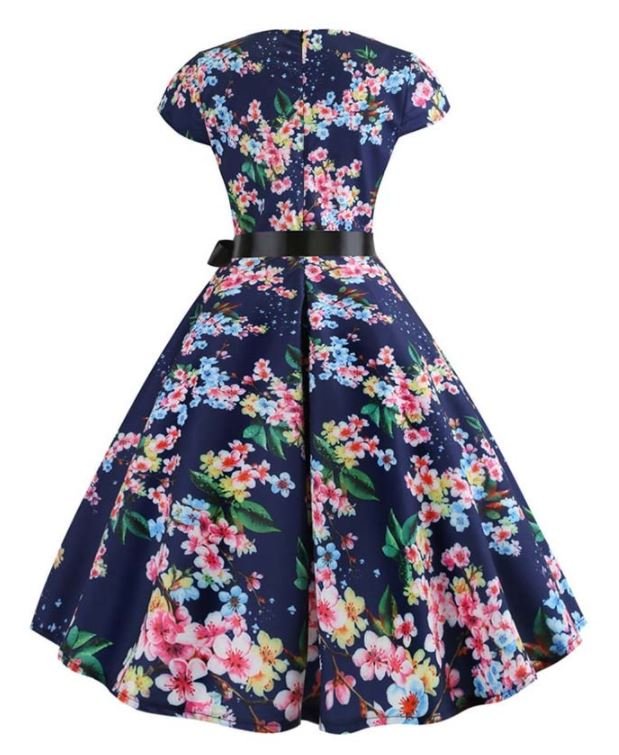 Vintage Blue Little Leaves Flared Dress