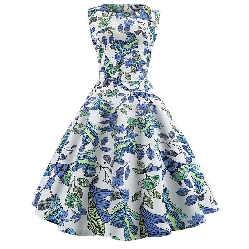 Vintage Blå Blomster Blusset Kjole
