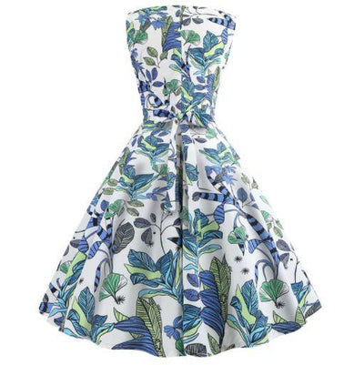 Vintage Blå Blomster Blusset Kjole