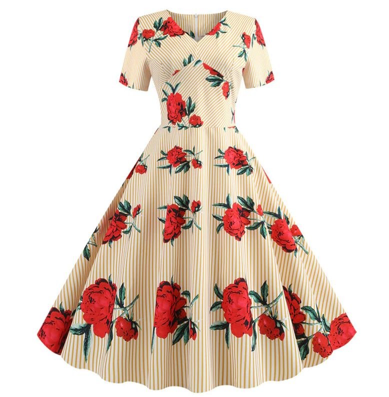 Vintage Gule Blomster Blusset Kjole