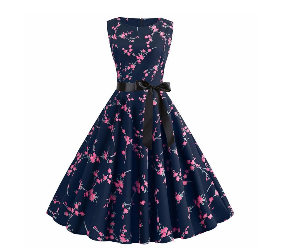 Vintage Navy Flowers Flared Kjole