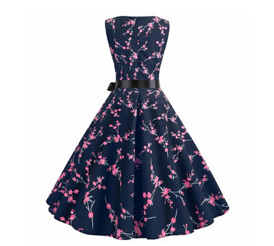 Vintage Navy Flowers Flared Kjole