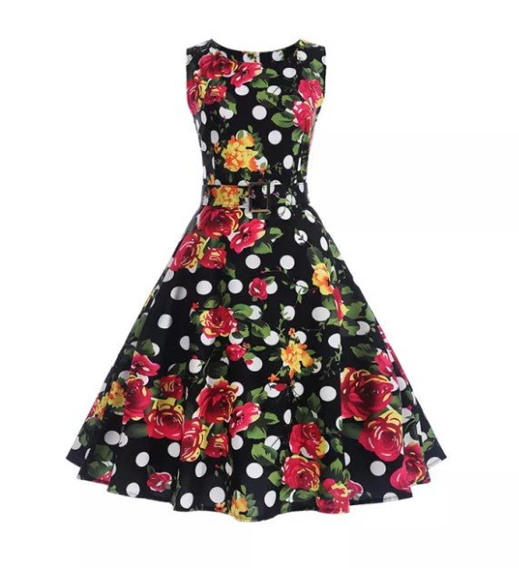 Vintage Navy Polka Dot Flowers Flared Dress