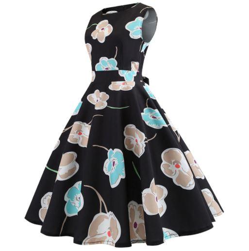 Vintage Svarte Blomster Blusset Kjole