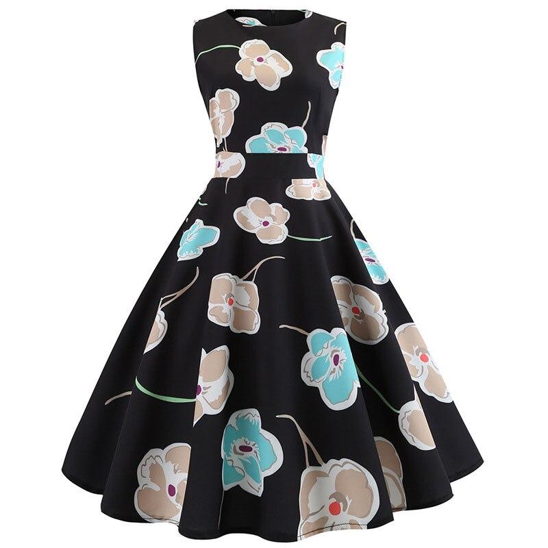 Vintage Svarte Blomster Blusset Kjole