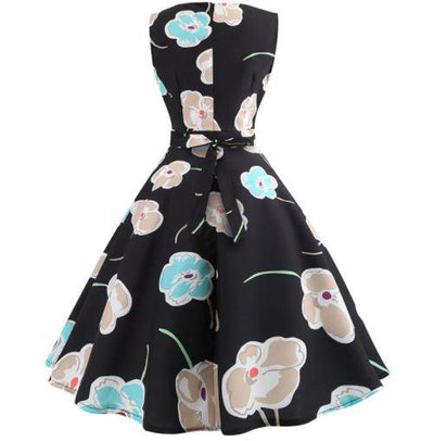Vintage Svarte Blomster Blusset Kjole