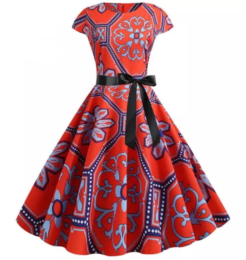 Vintage Røde Blomster Blusset Kjole