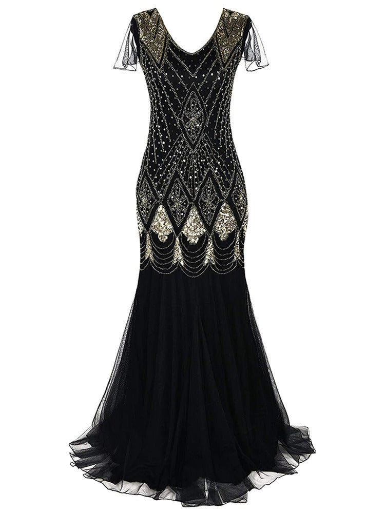 Sort Og Gull Lang Haute Couture Gatsby-Kjole