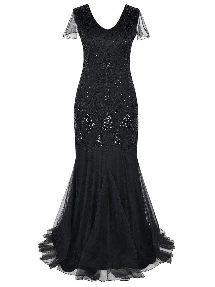 Lang Svart Haute Couture Gatsby-Kjole