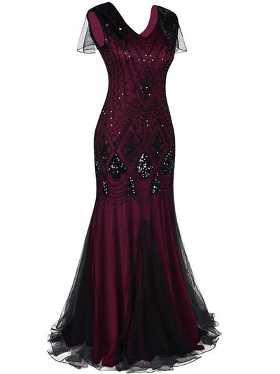 Burgund Og Svart Haute Couture Lang Gatsby-Kjole