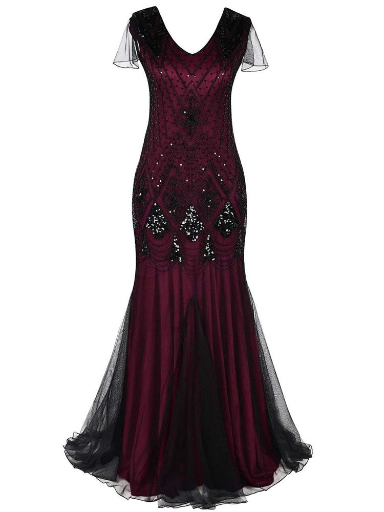 Burgund Og Svart Haute Couture Lang Gatsby-Kjole