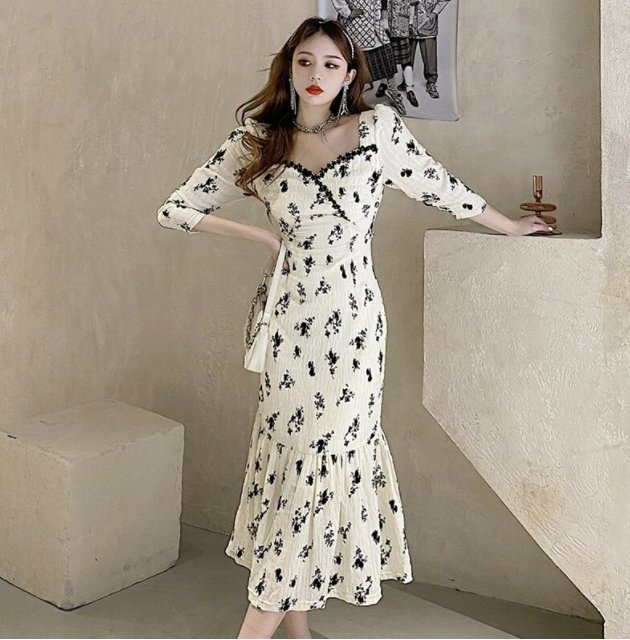 Vintage Khaki Floral Lang Kjole