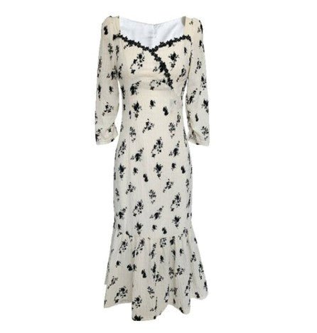 Vintage Khaki Floral Lang Kjole