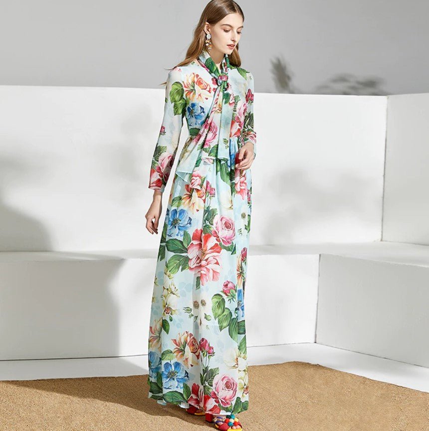 Grønn Vintage Blomster Lang Kjole