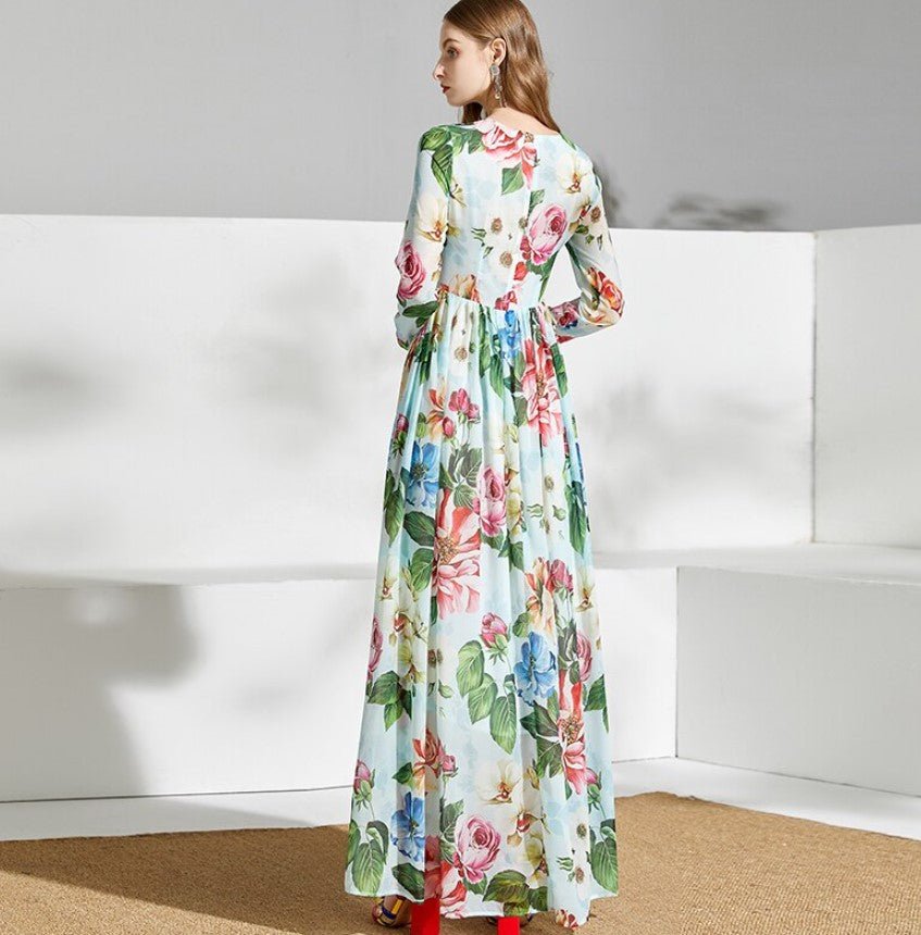 Grønn Vintage Blomster Lang Kjole