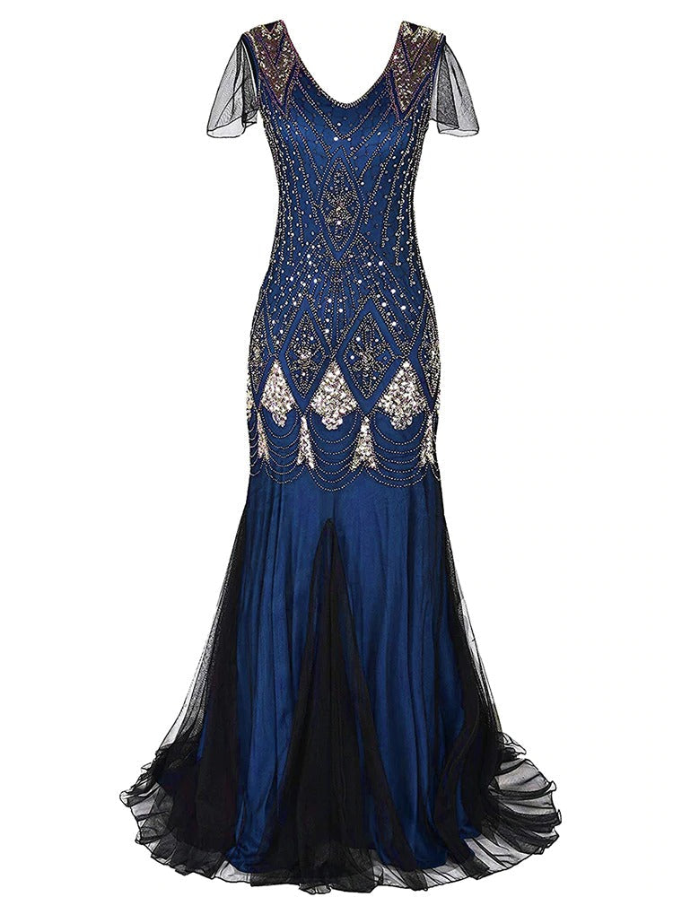 Lang Blå Haute Couture Gatsby-Kjole