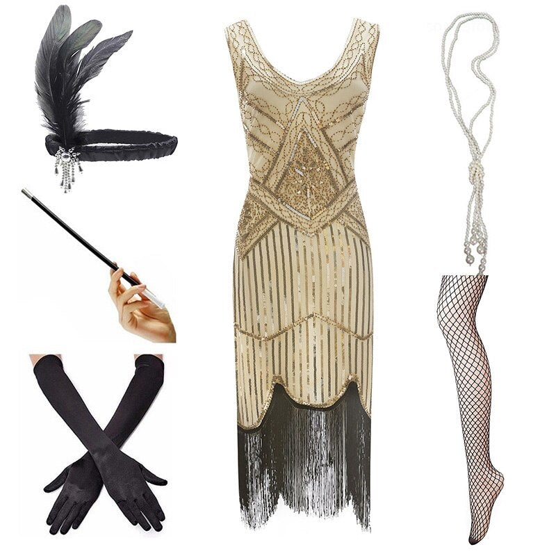 Vintage 1920 Kjole Beige Svart