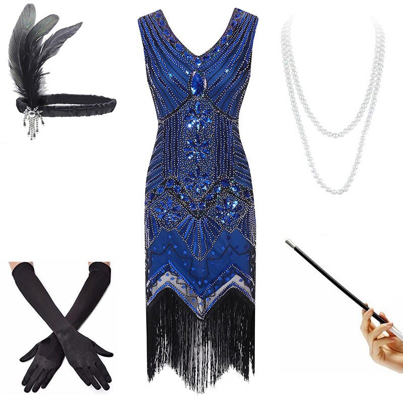 Vintage 20-Talls Blå Kjole (Med Tilbehør)