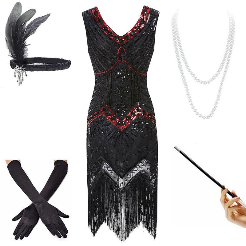 Vintage 20-Talls Rød Og Svart Kjole (Med Tilbehør)