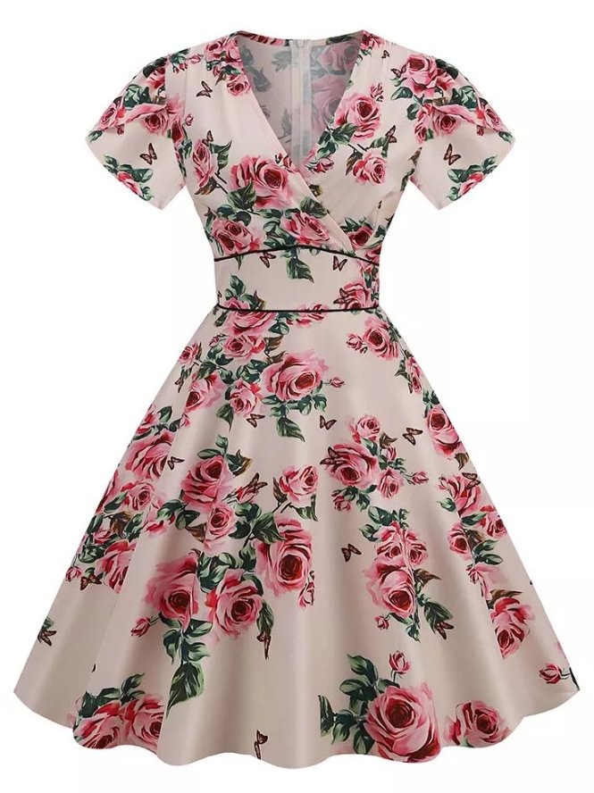 Vintage 60-Talls Beige Blomsterkjole