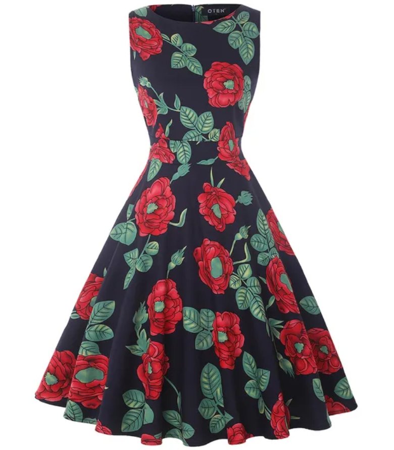 Vintage Elegant Retro Marineblå Blomsterkjole